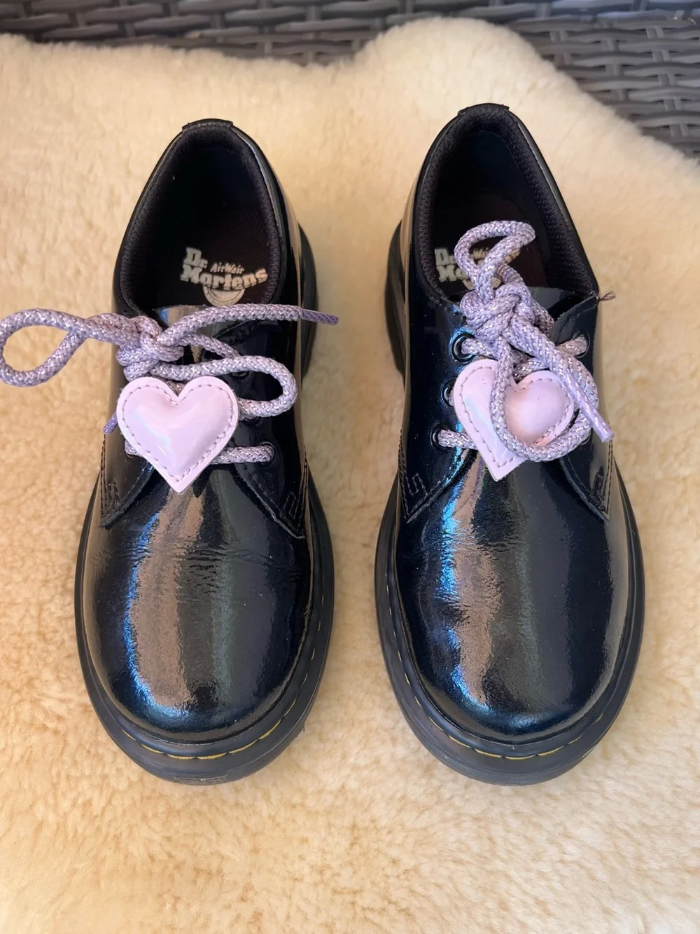 Dr Martens 1461 J Girls Oxford Shoes Sz 13 Black Patent Galaxy Shimmer Heart